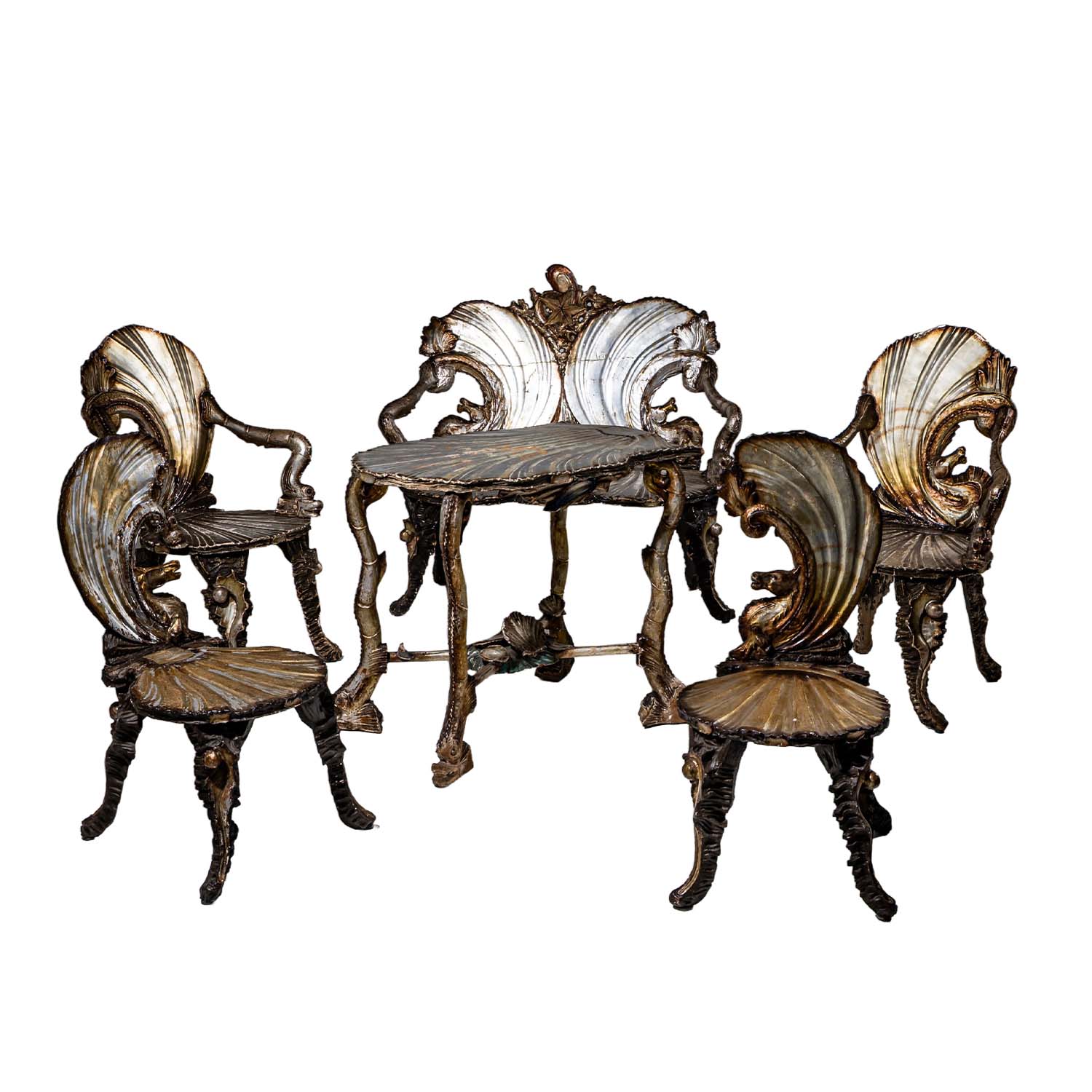 Late 19th Century Venetian Silvered Grotto Suite with Table, Bench and Four Chairs