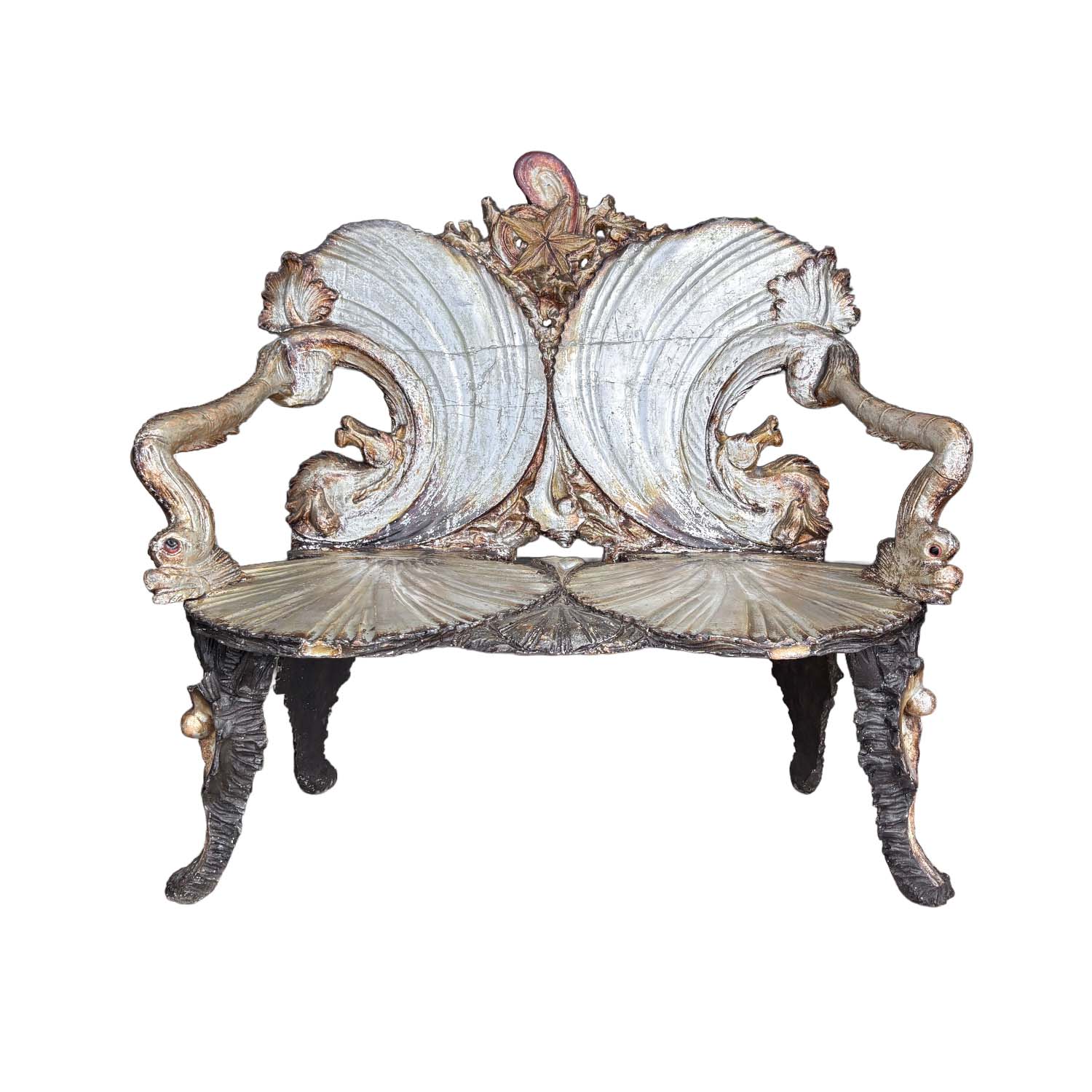 Late 19th Century Venetian Silvered Grotto Suite with Table, Bench and Four Chairs