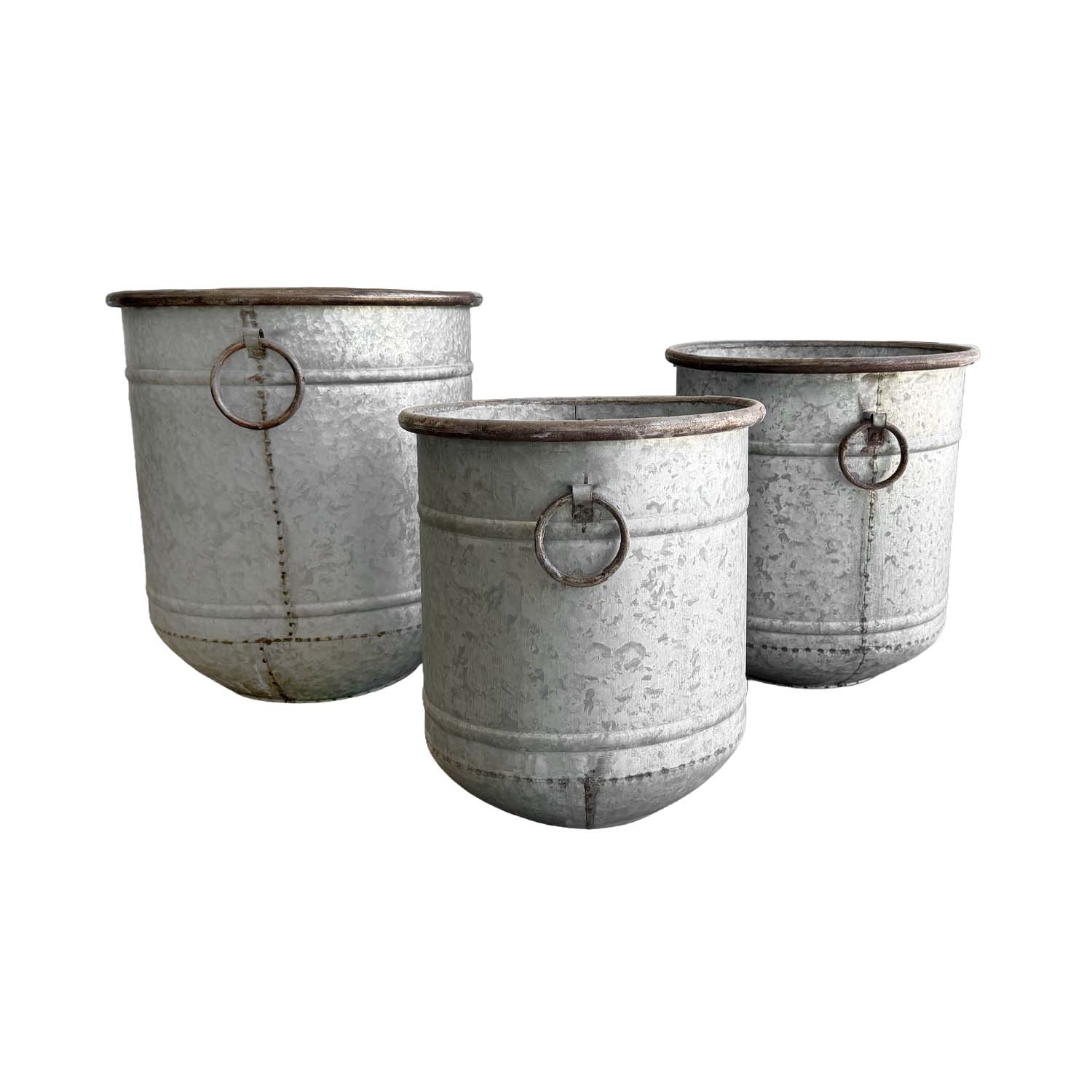 Flower Buckets with Rings from France in Galvanized Metal
