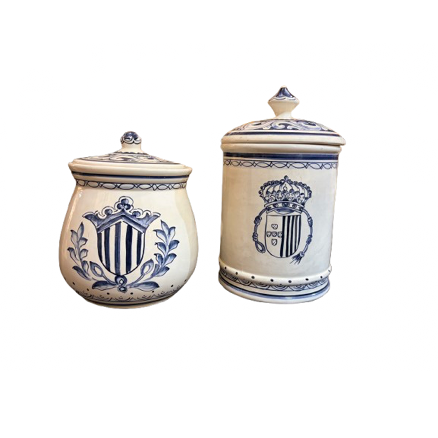 Set of Two Mediterranean Heraldic Ceramic Lidded Jars