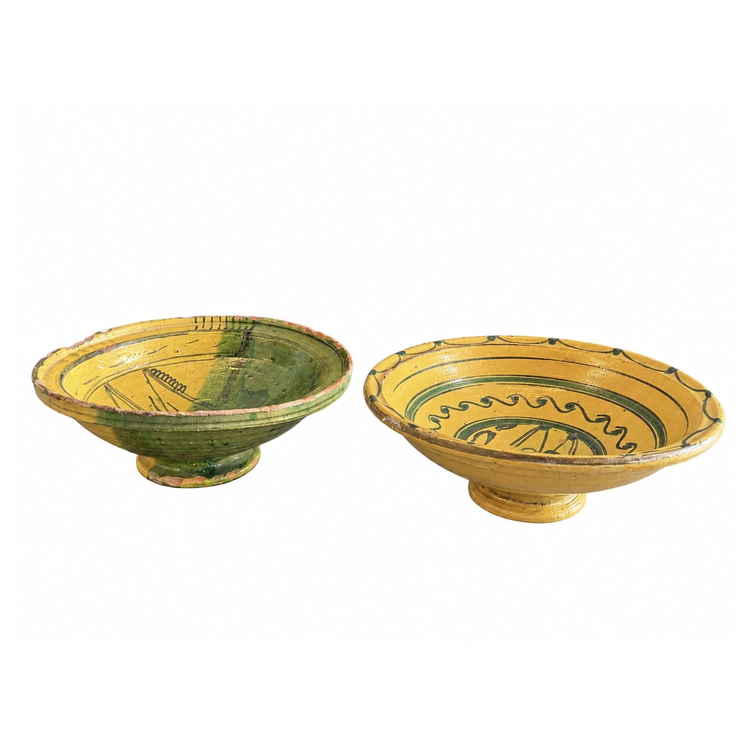 Pair of Late 19th/20th Century Antique French Yellow-Green Footed Plates in Terra Cotta