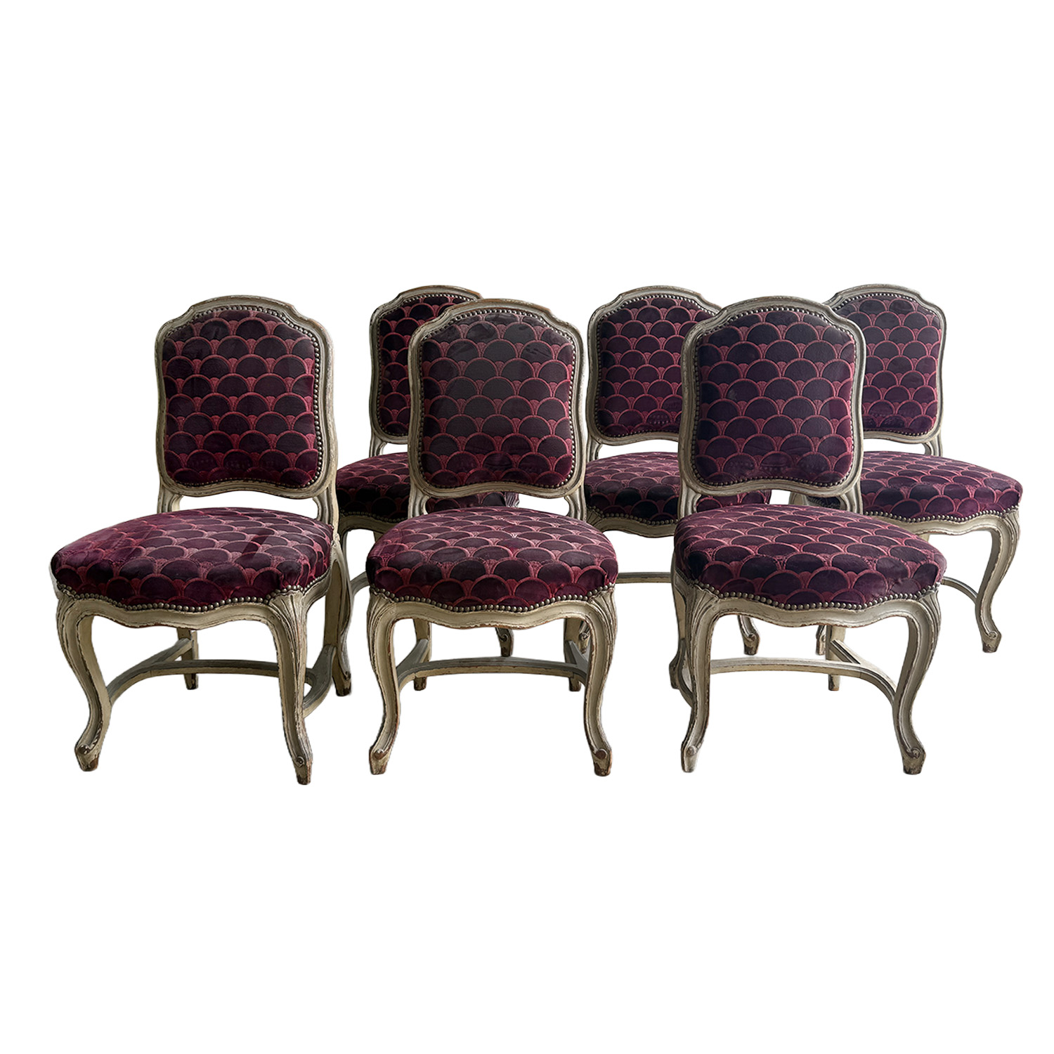 Set of Six French Louis XV Style Painted Dining Chairs in Burgundy Velvet