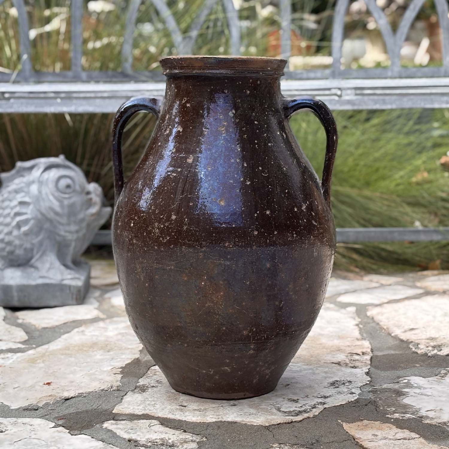 French Antique Olive Jar with Deep Brown Glaze