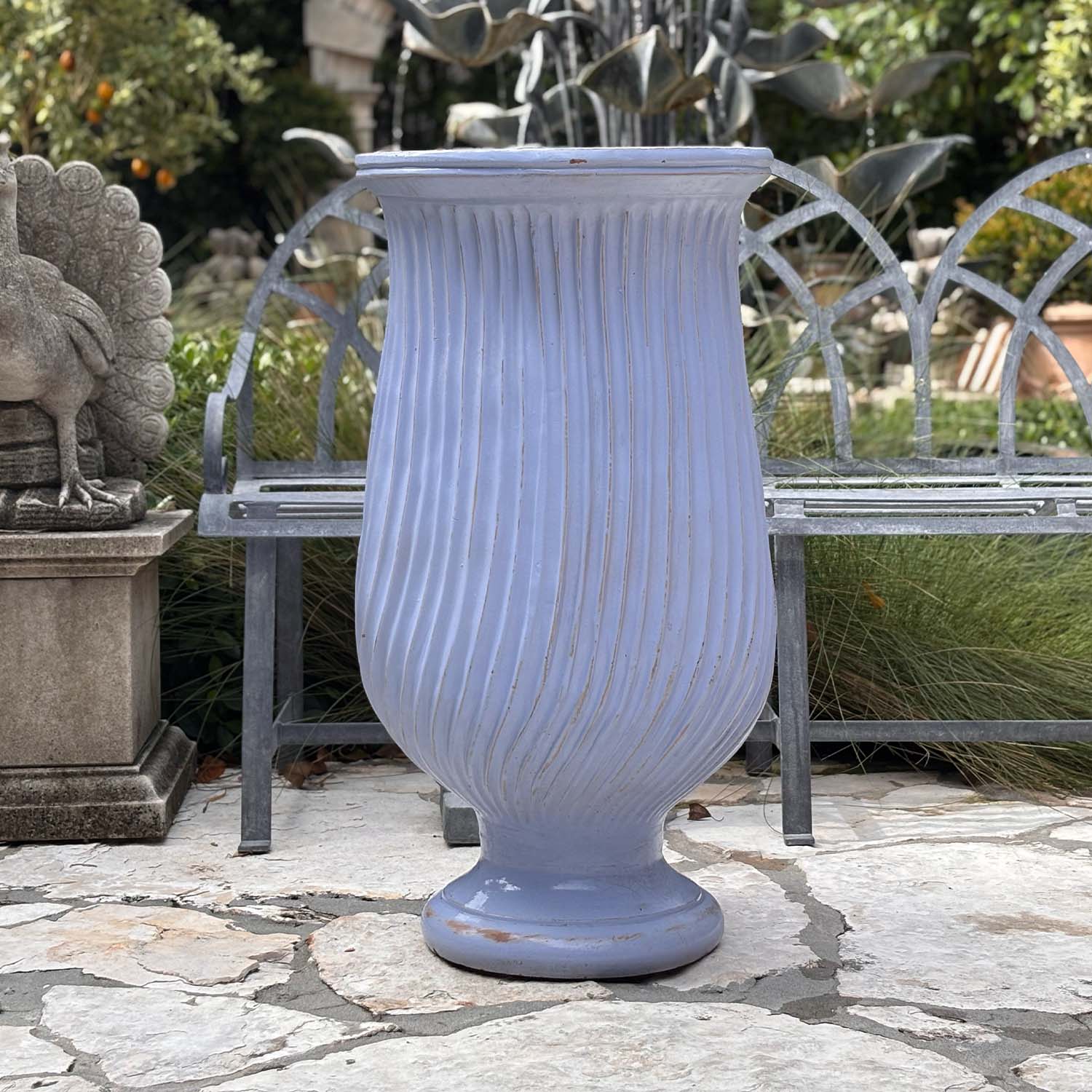 Tall Swirled Terracotta Garden Urn in Light Blue Glaze from Spain