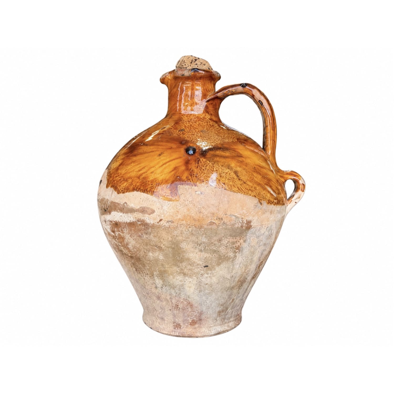Antique French Provincial Glazed Stoneware Jug with Amber-Brown Drip Glaze