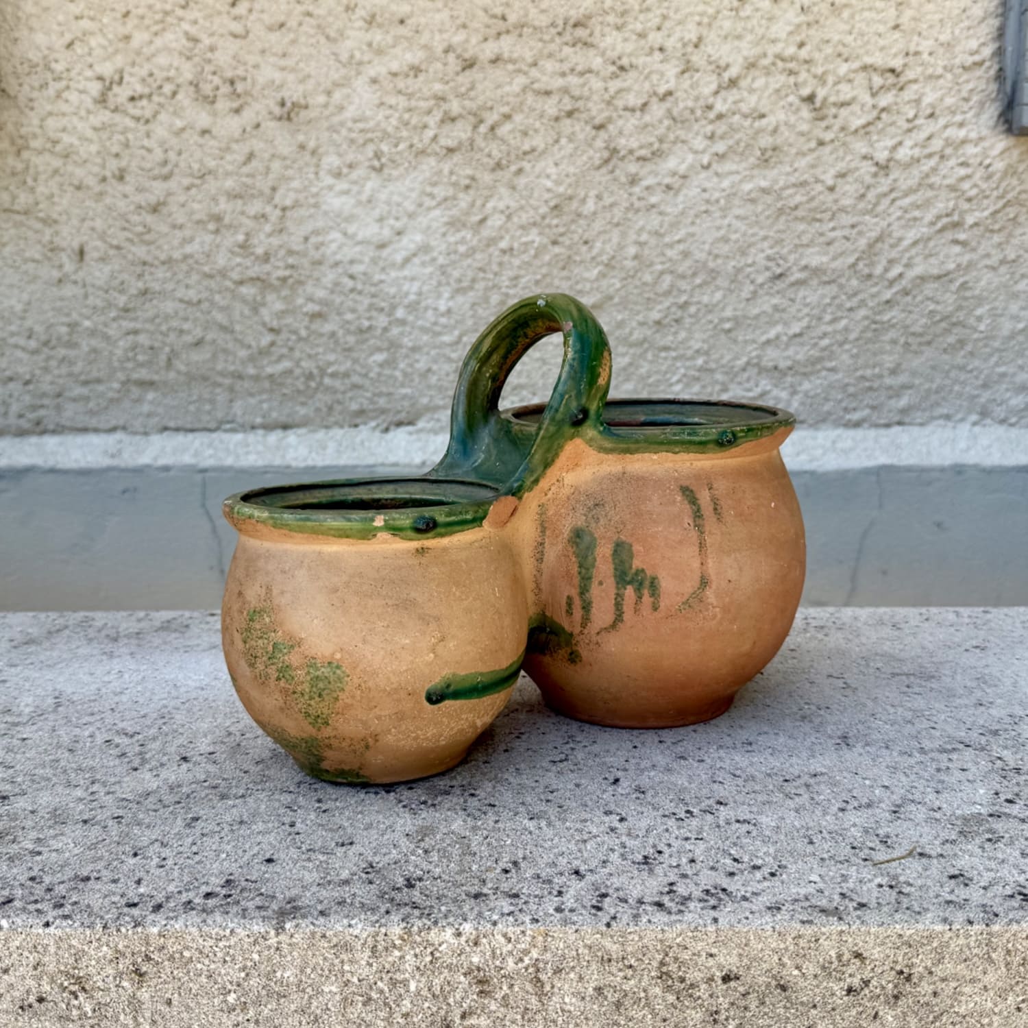 Antique Rare Double-Bowl Vessel with Loop Handle, South of France