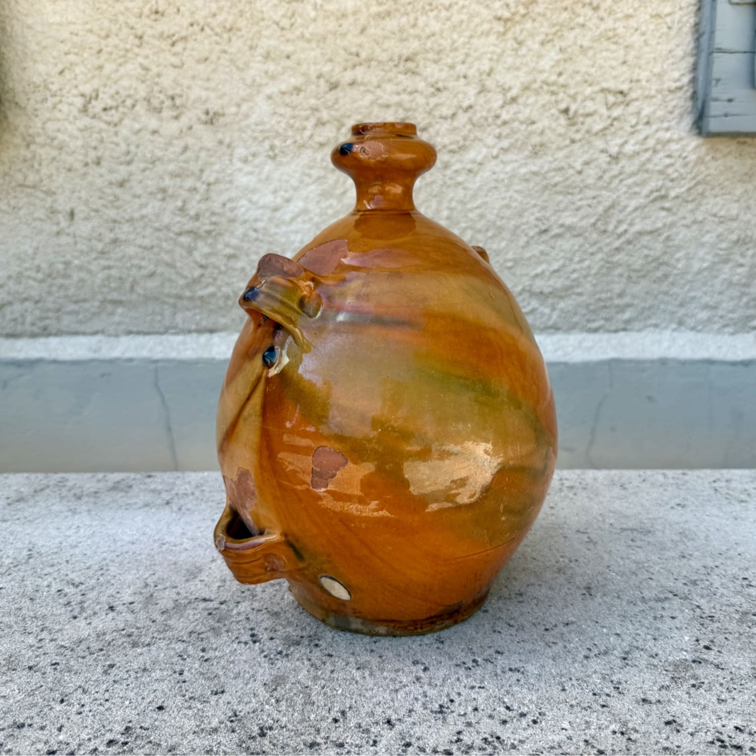 Circa 1900, French Rustic Glazed Terracotta Water Jug, Honey-Ochre Glaze