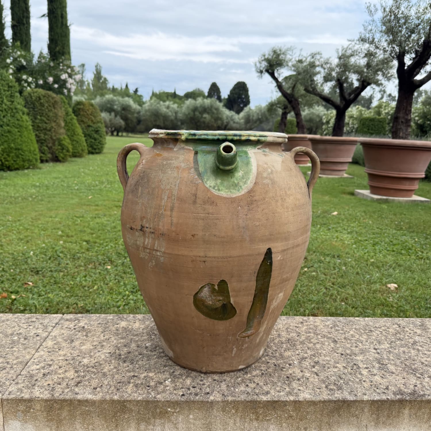 French Glazed Terracotta Jar with Green Accents