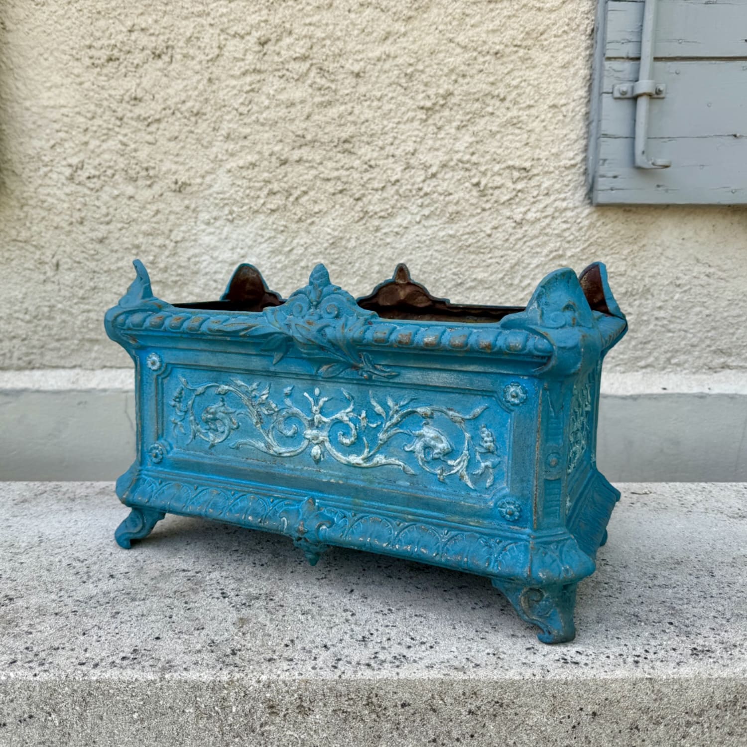 Circa 1900s, Antique Cast Iron Garden Jardiniere in French Blue,  France