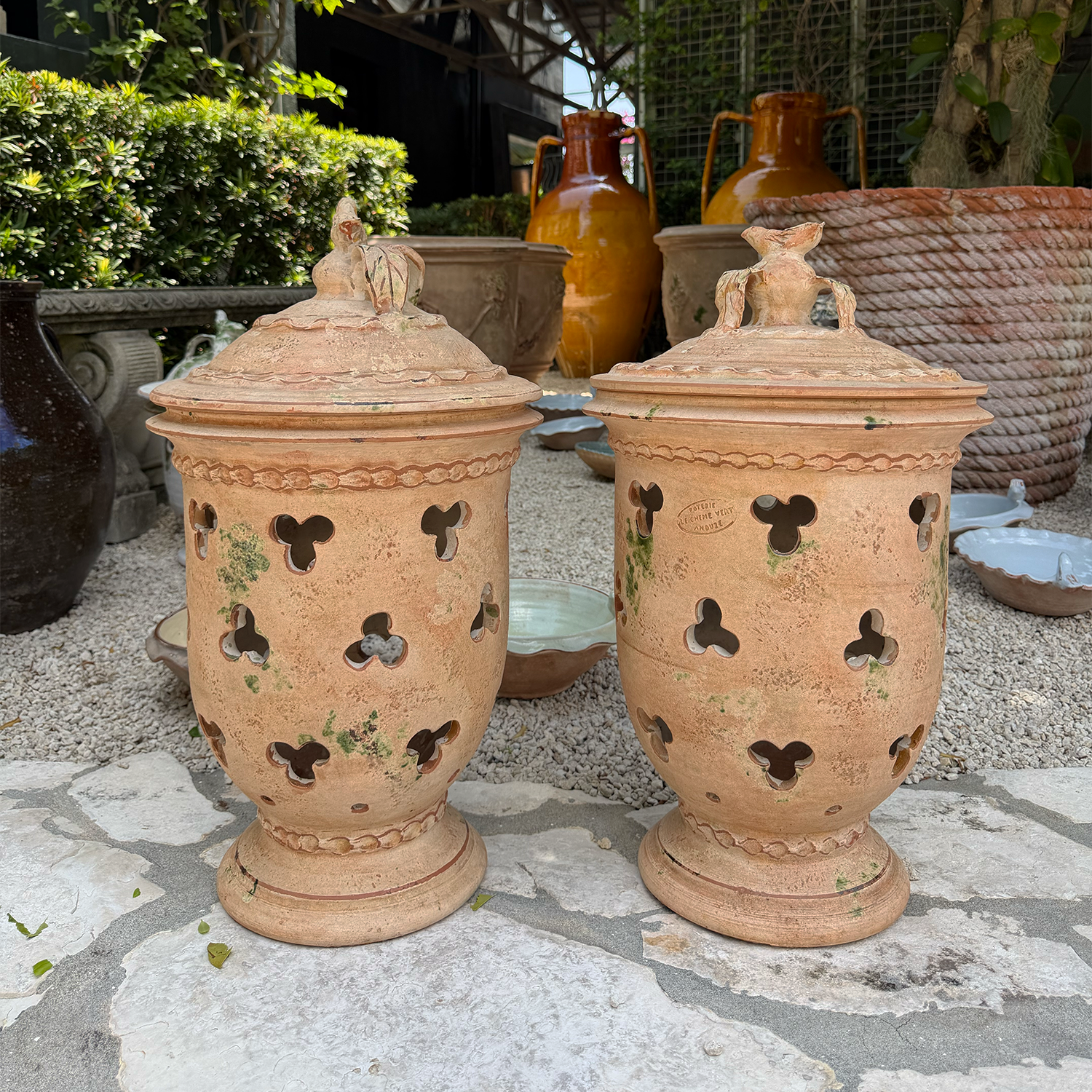 Pair of Handcrafted Terracotta Garden Lanterns with Green Glazed Speckles