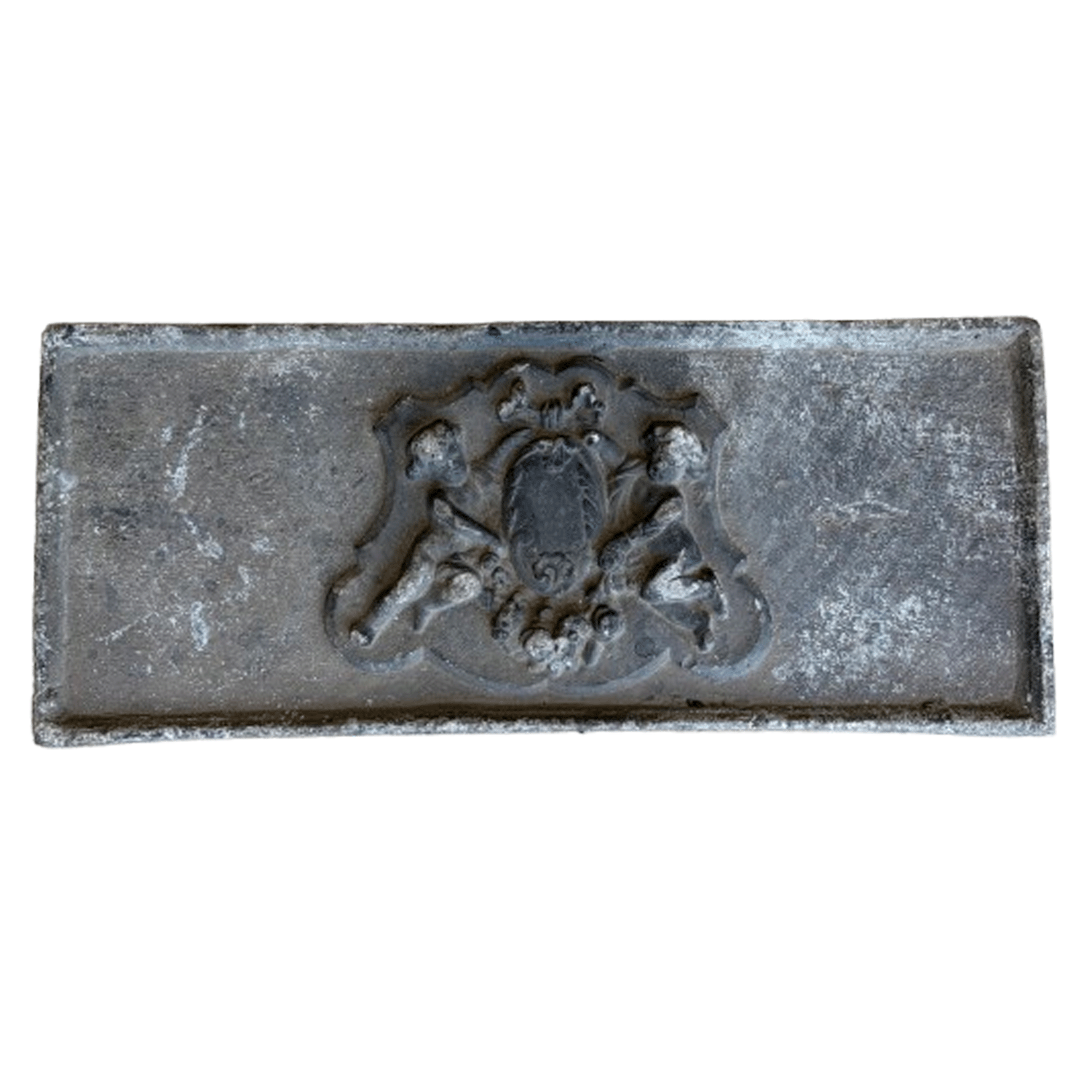 Antique English Cast Lead Heraldic Fireplace Plaque with Cherubs