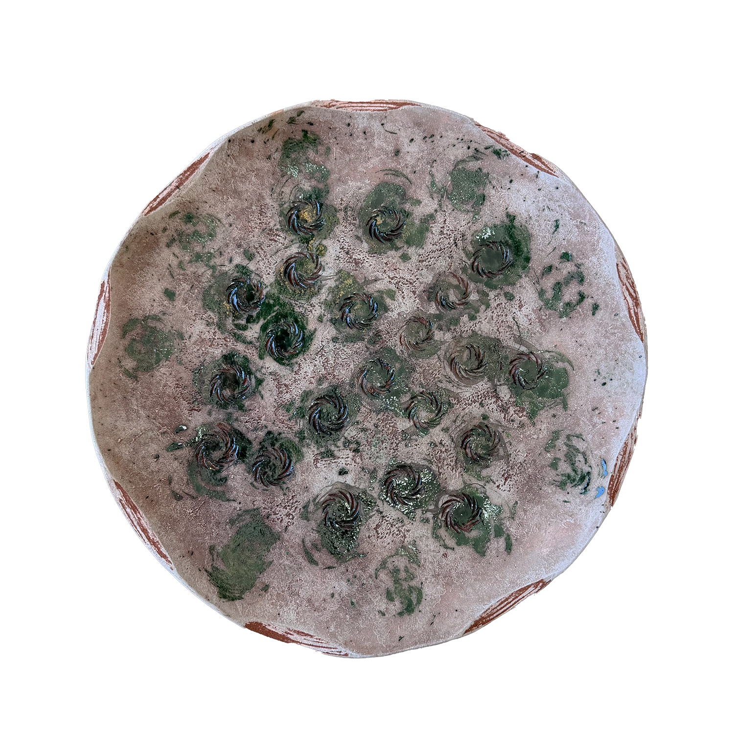Handmade Terracotta Plate with Green Glazed Rosette Decoration, France
