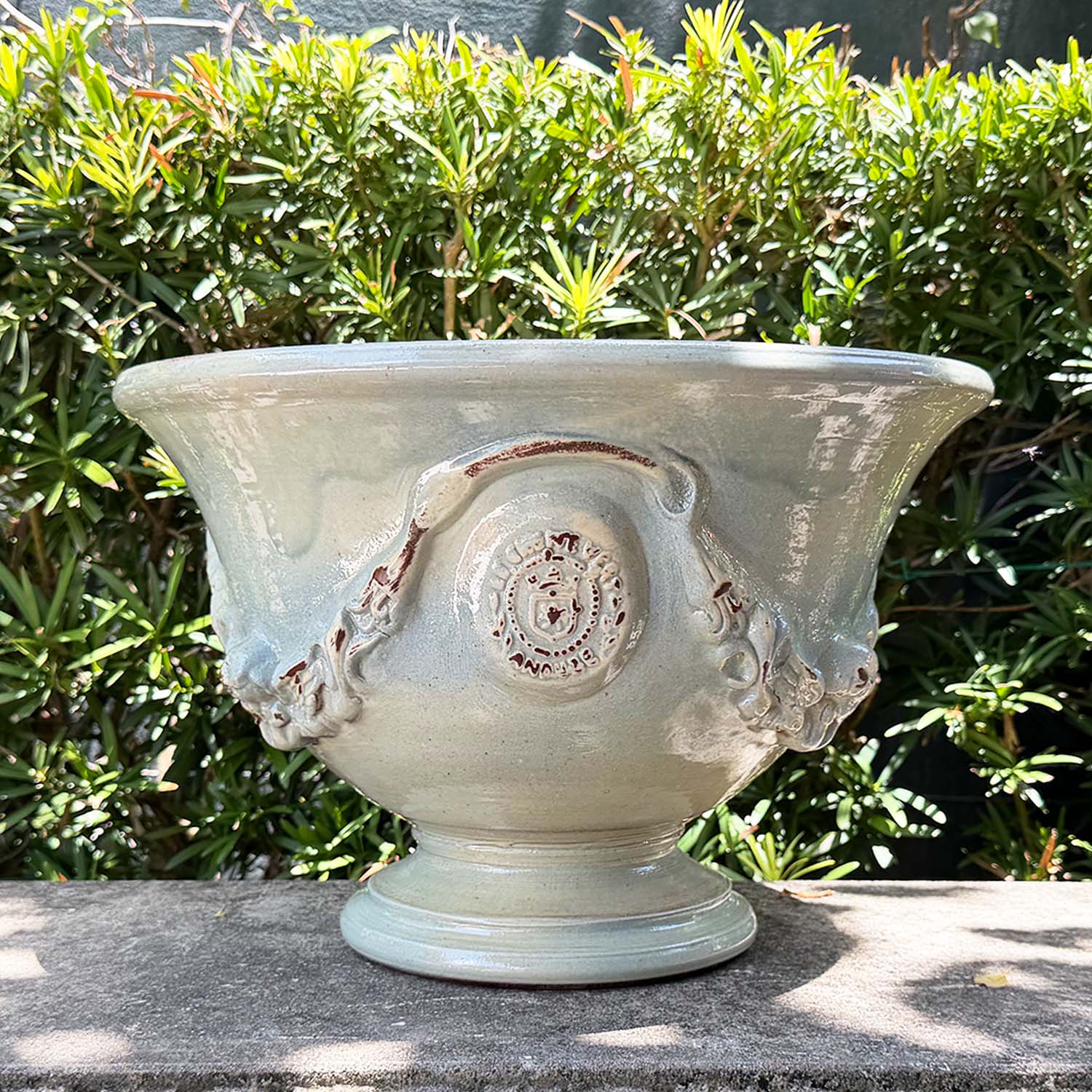 French Anduze Terracotta Handcrafted Bowl Planter in Pale Blue Glaze