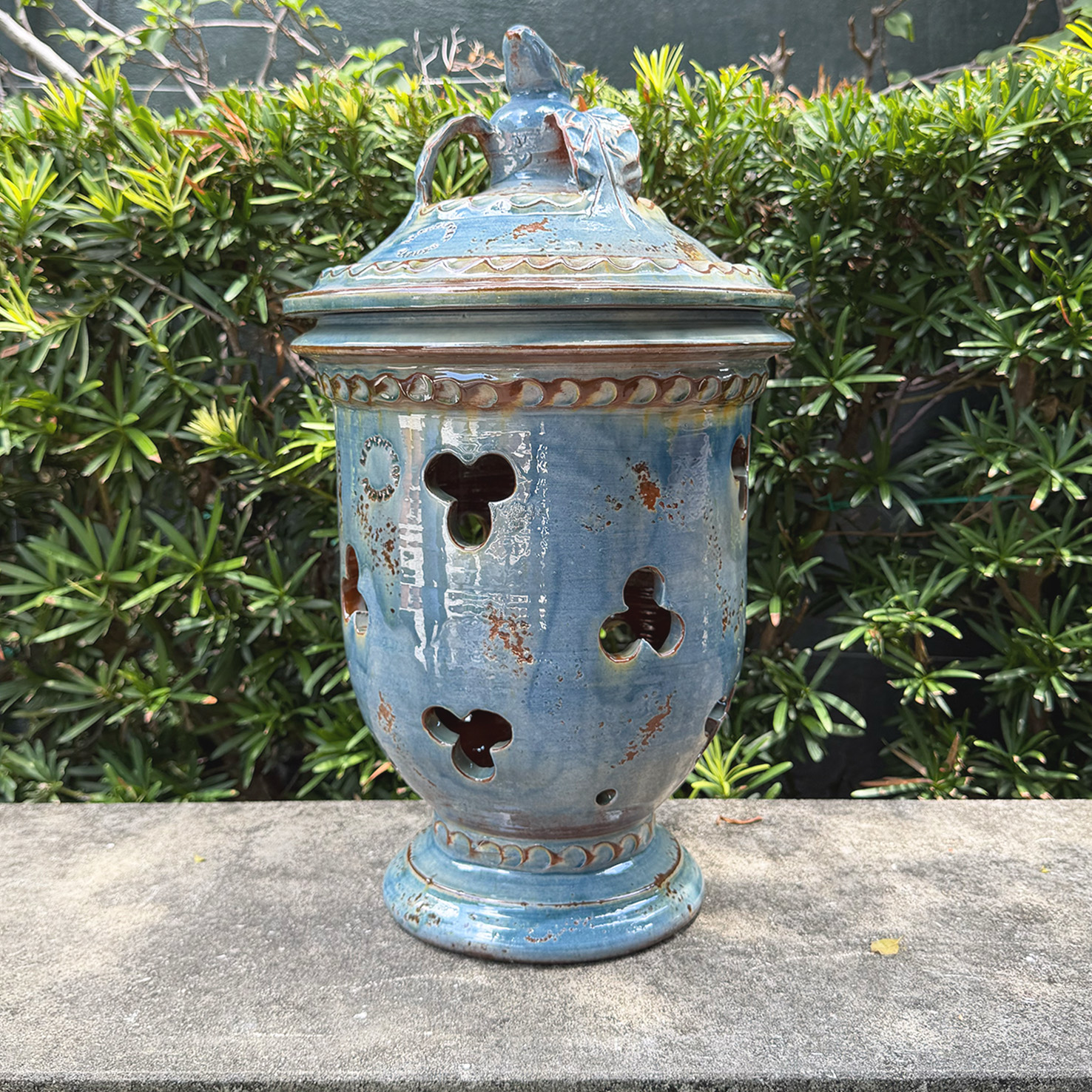 Handcrafted Blue Glazed Lantern from Provence with a bird leaf top