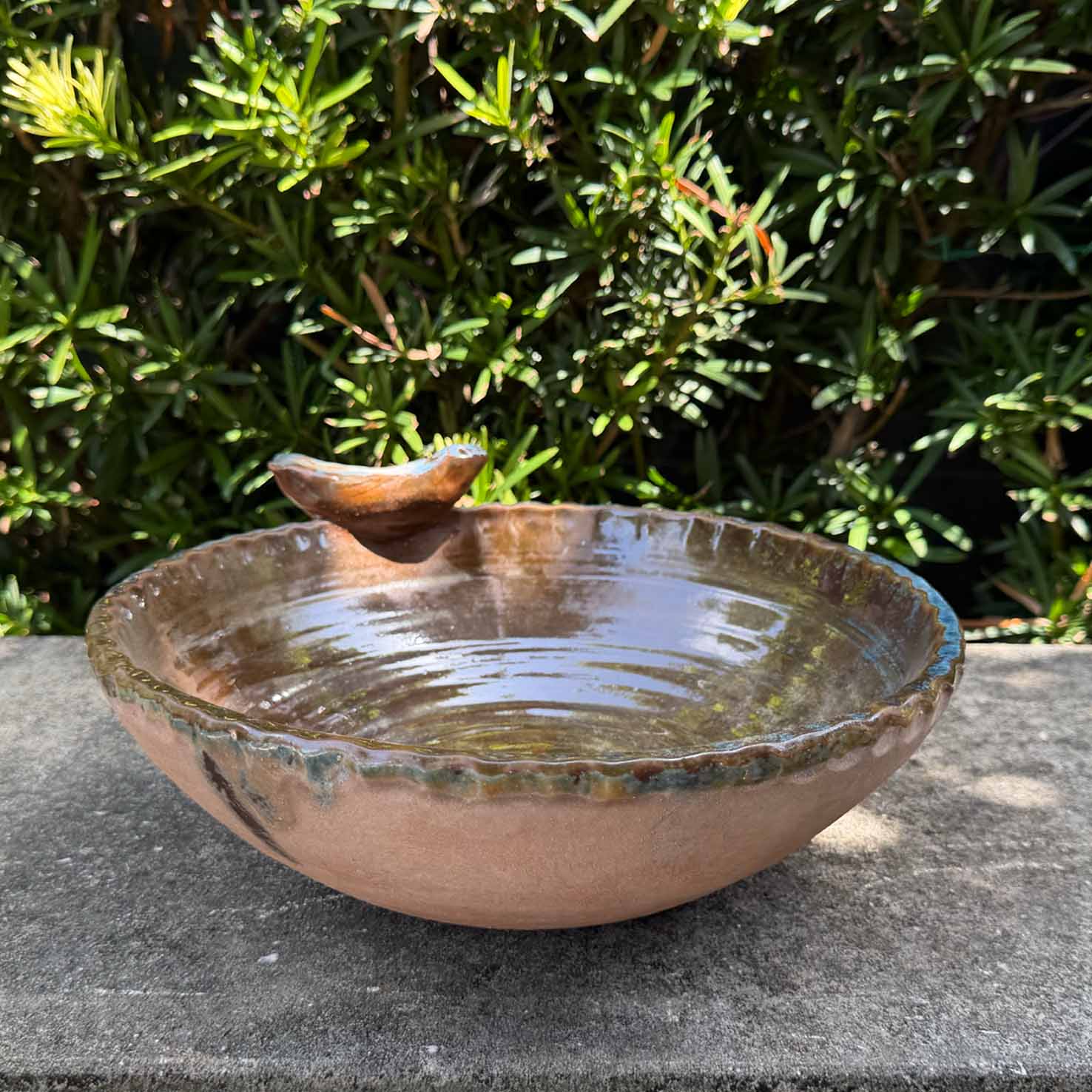 Handcrafted Brown Glazed Terracotta Bird Bath Bowl