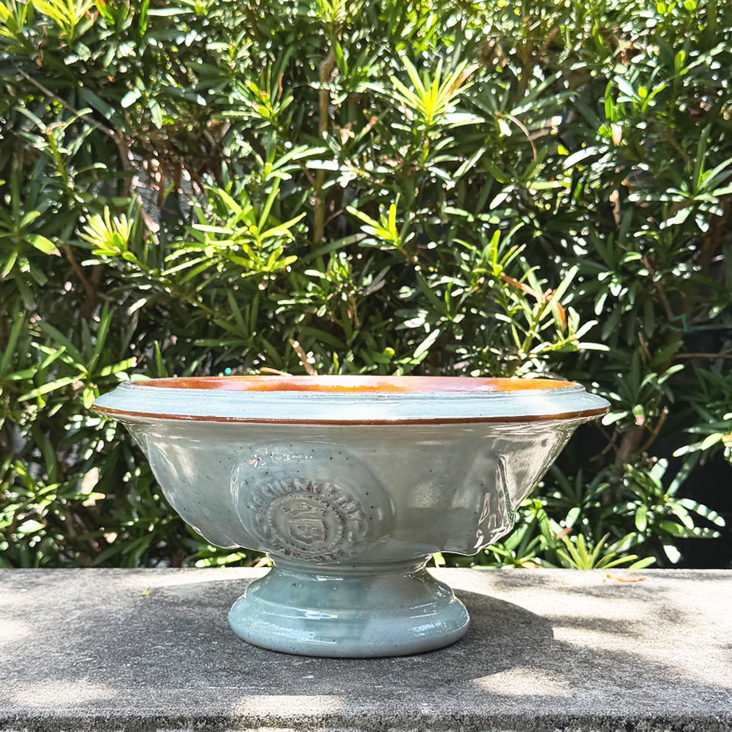 Handcrafted French Anduze Shallow Terracotta Bowl Planter in Pale Blue Glaze