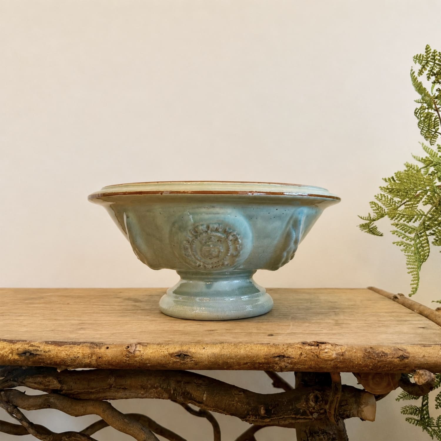 Handcrafted French Anduze Shallow Terracotta Bowl Planter in Pale Blue Glaze