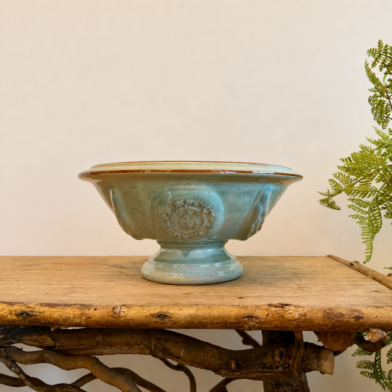 Handcrafted French Anduze Shallow Terracotta Bowl Planter in Pale Blue Glaze