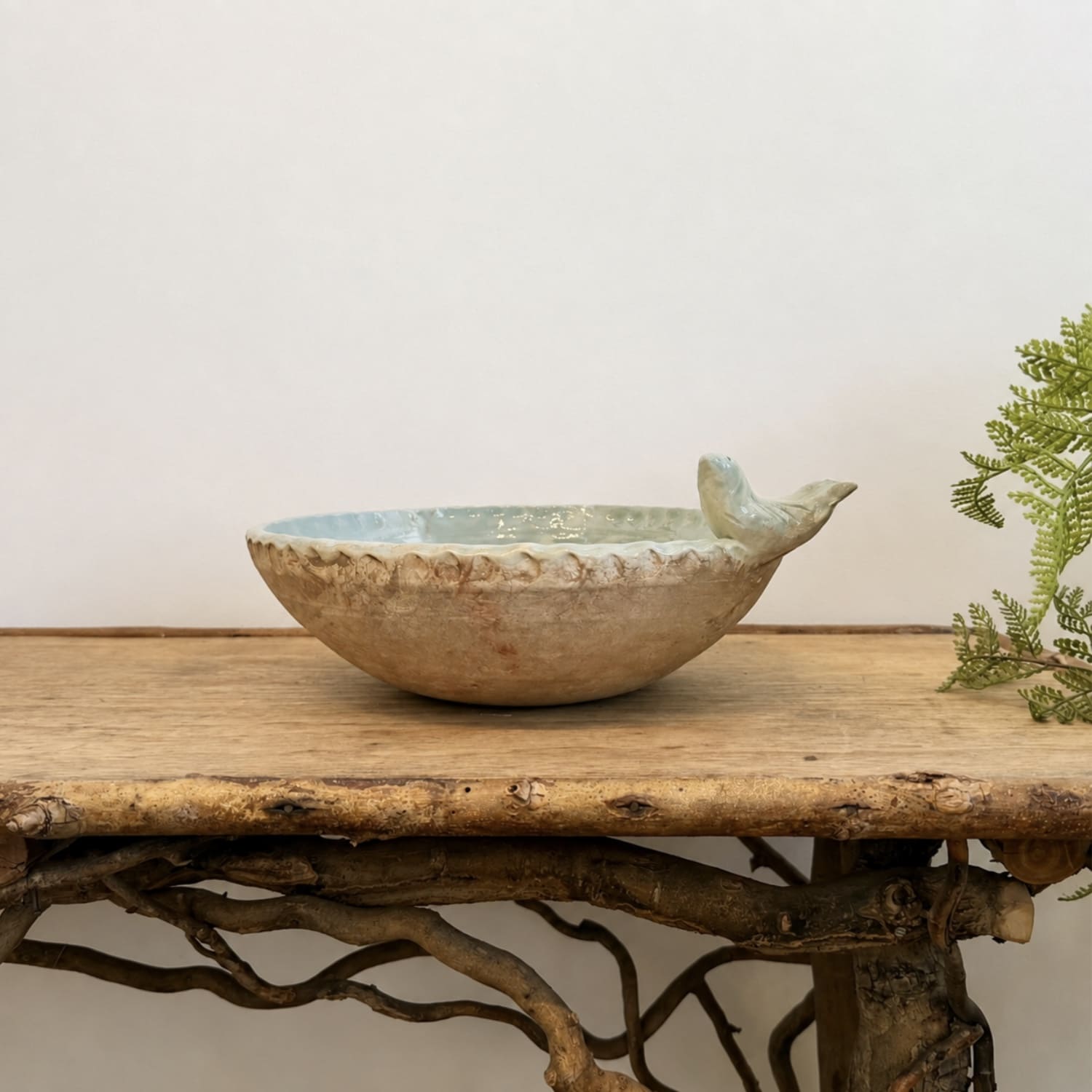 Scalloped Bird Bath Bowl with an Acqua Colored Glaze from France