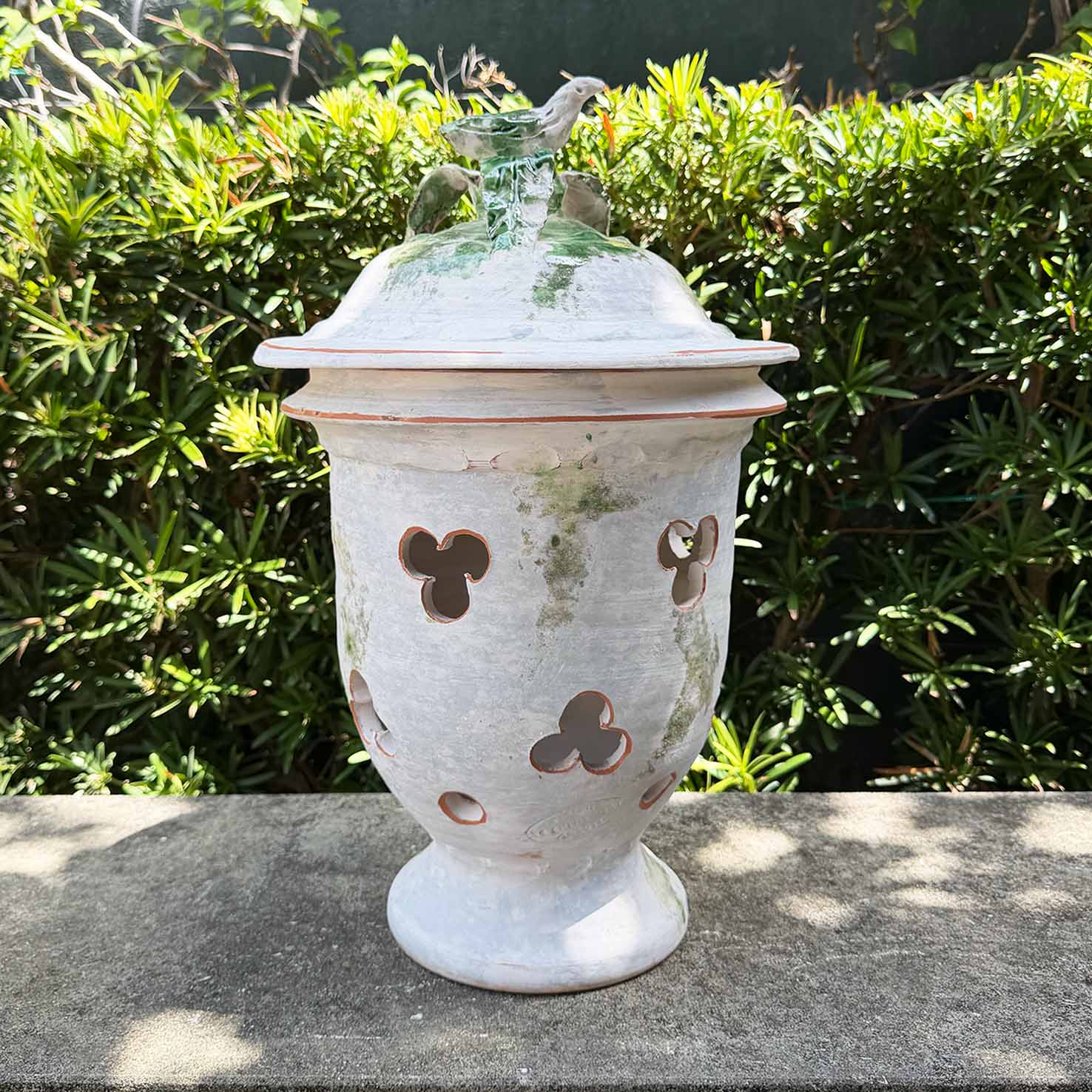 Handcrafted Antica Grey Glazed Lantern with Green Accents and Bird Finial