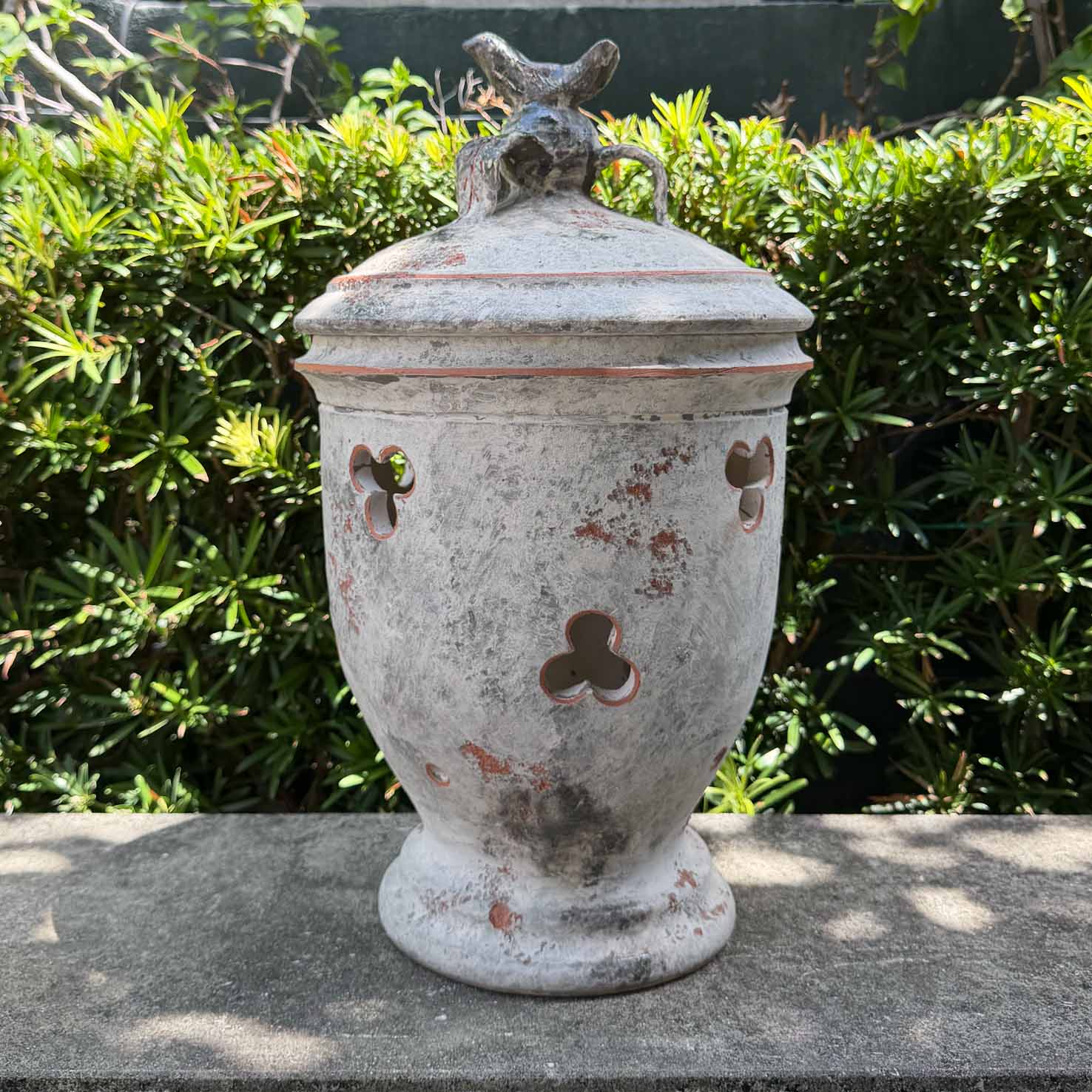 Handcrafted Antica Grey Glazed Terracotta Lantern with Bird Finial