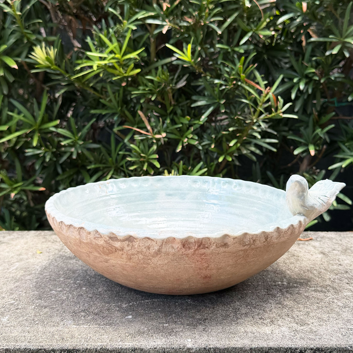 Scalloped Bird Bath Bowl with an Acqua Colored Glaze from France