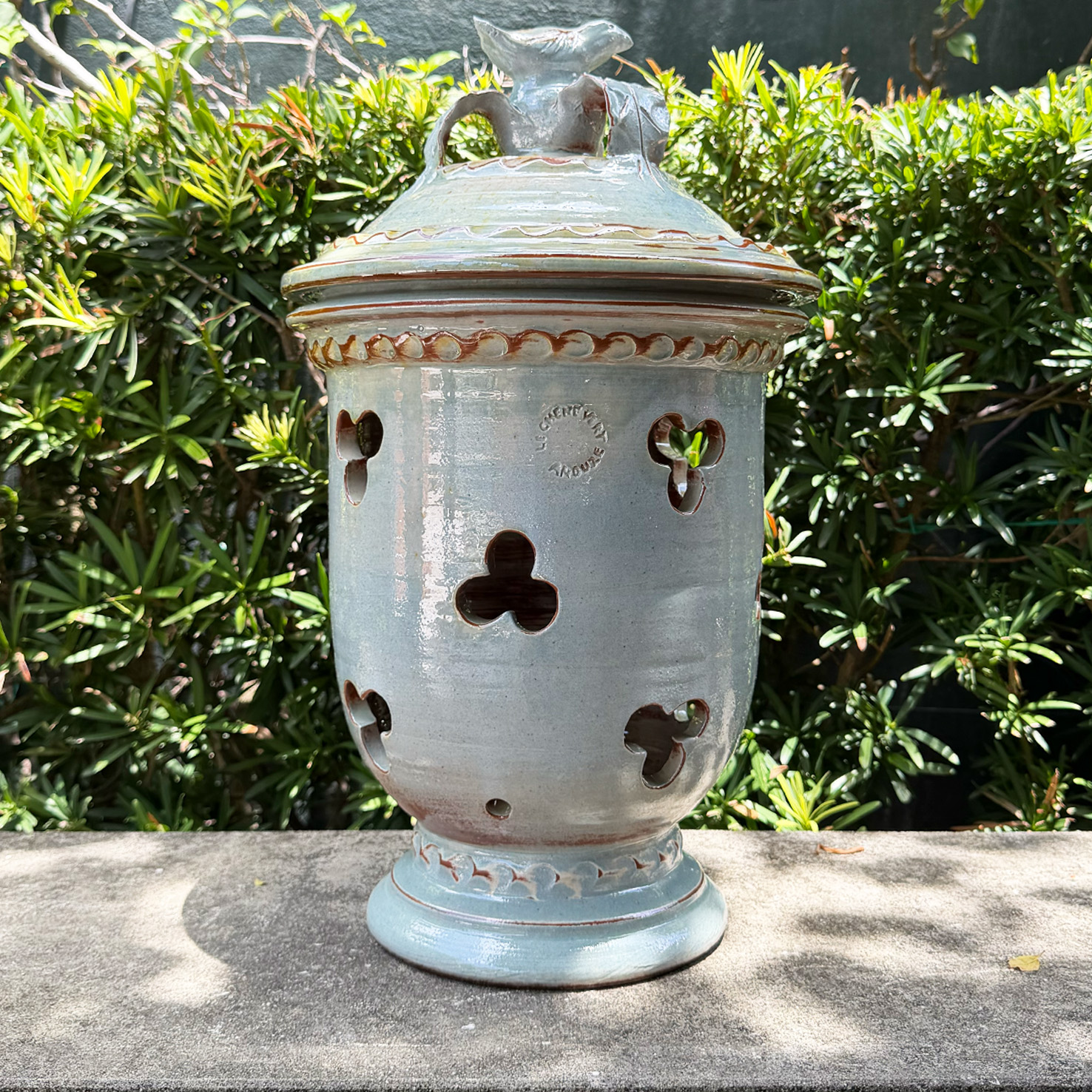Handcrafted Light Blue Glazed Lantern from Provence with a bird leaf top