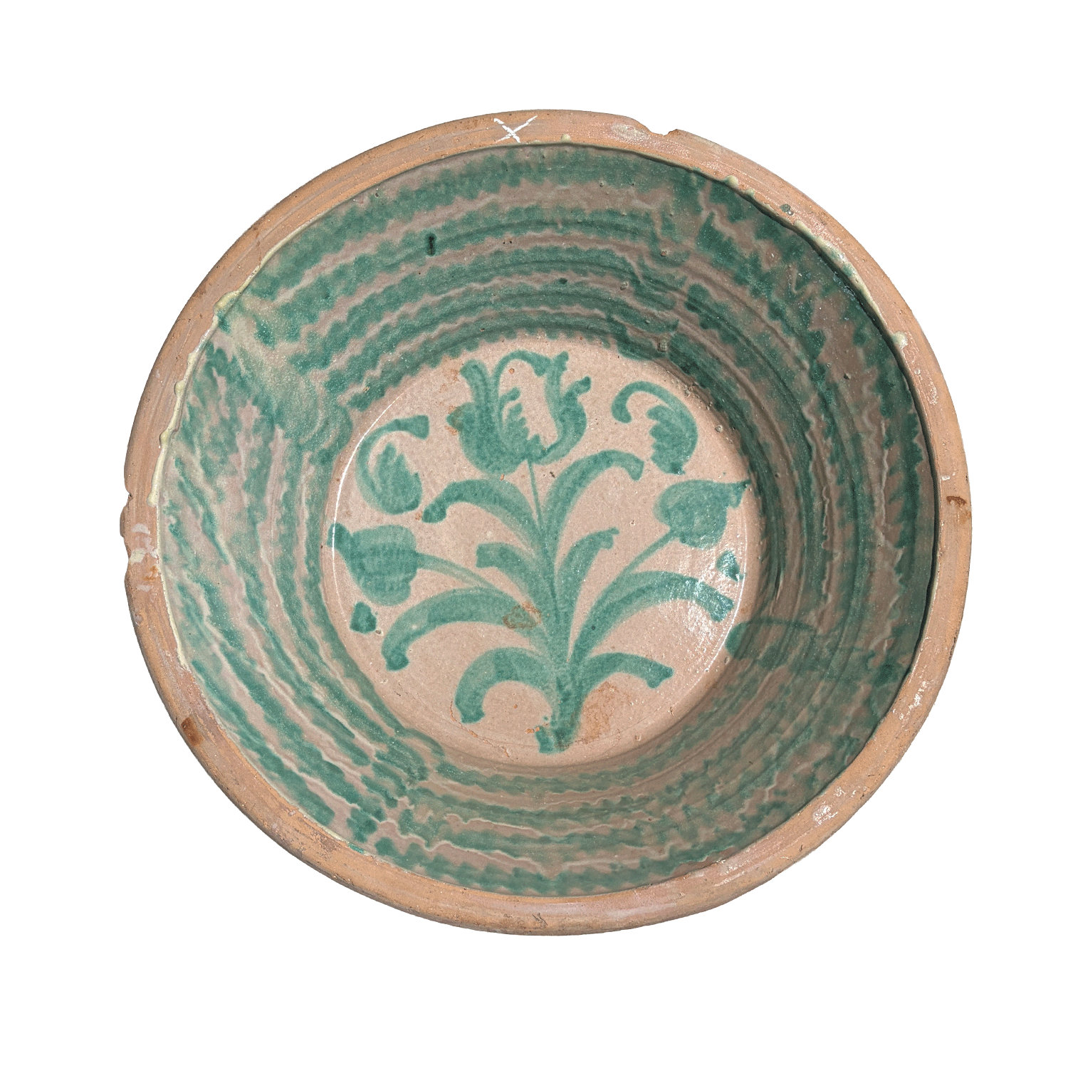 Antique Terracotta 19th Century Spanish Green and White Lebrillo Bowl