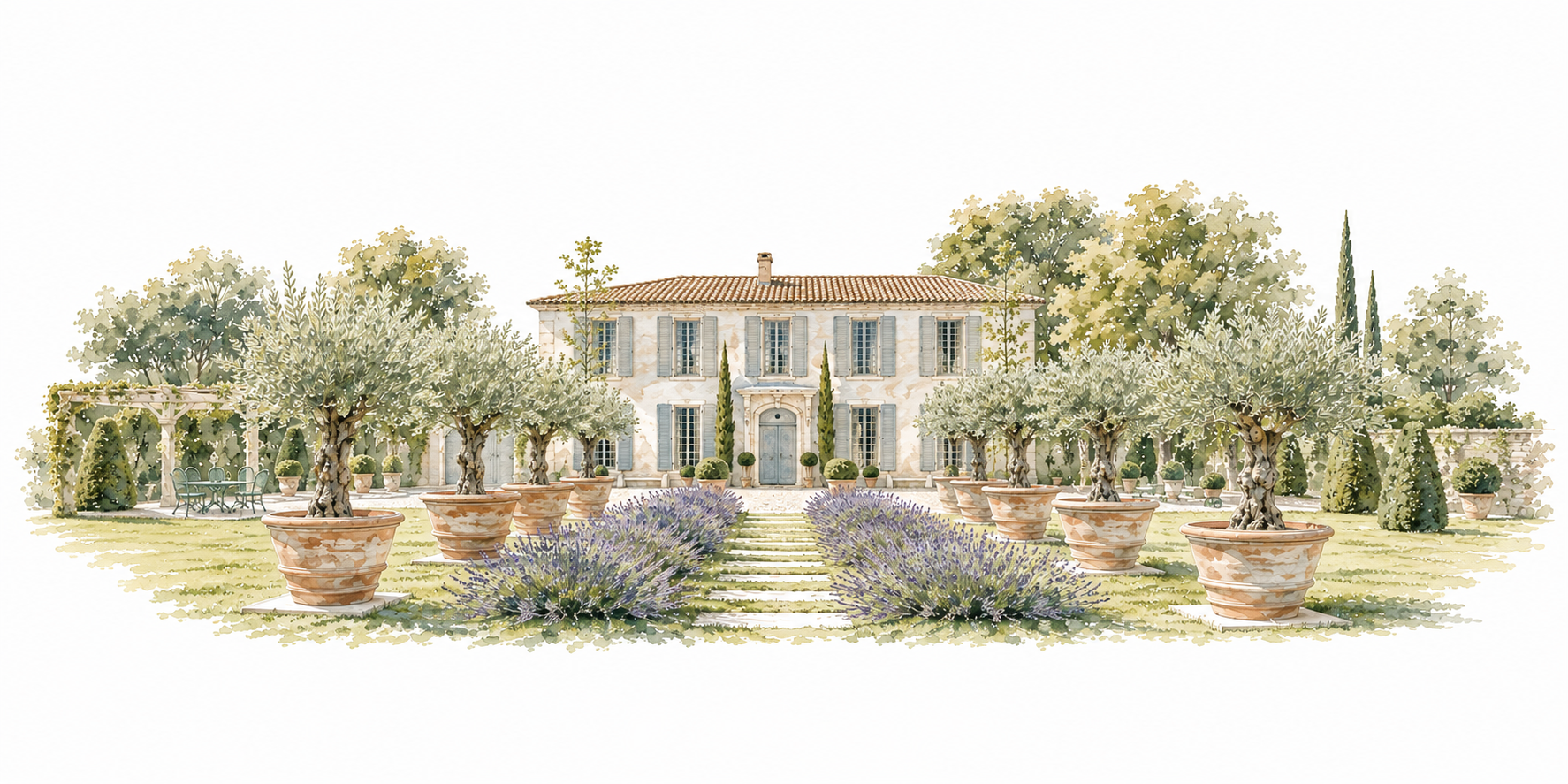 Watercolor illustration of Le Mas d’Anez