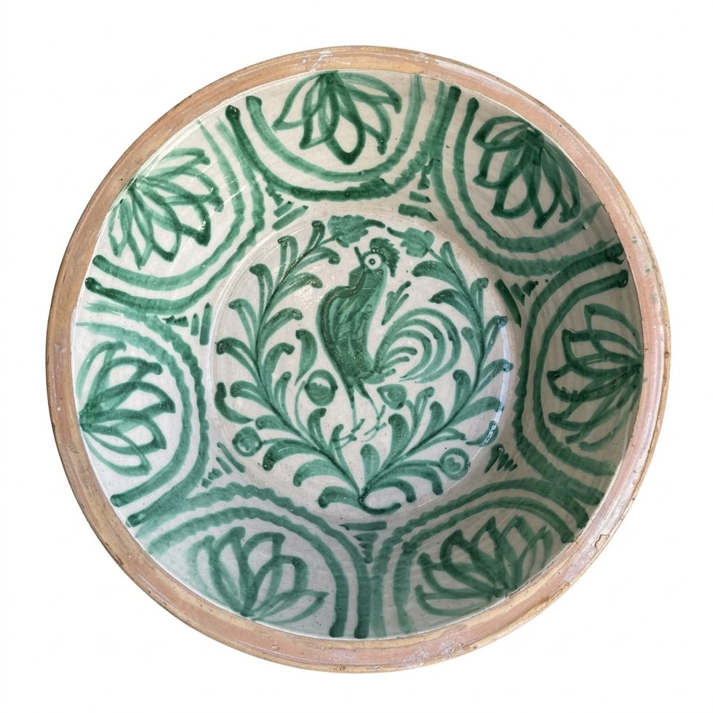 19th/20th Century Andalusian Terracotta Glazed Lebrillo Bowl with Bird Motif