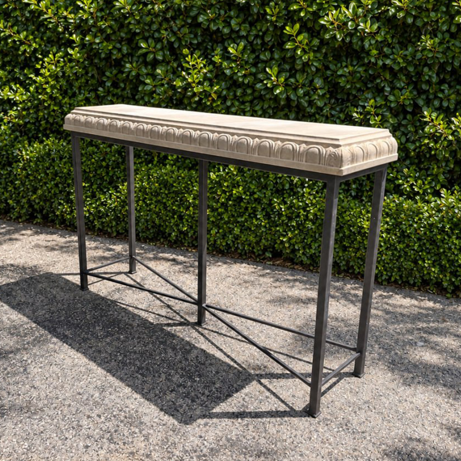 Pair of Consoles on Metal Bases and Carved Limestone Tops Neoclassical Style