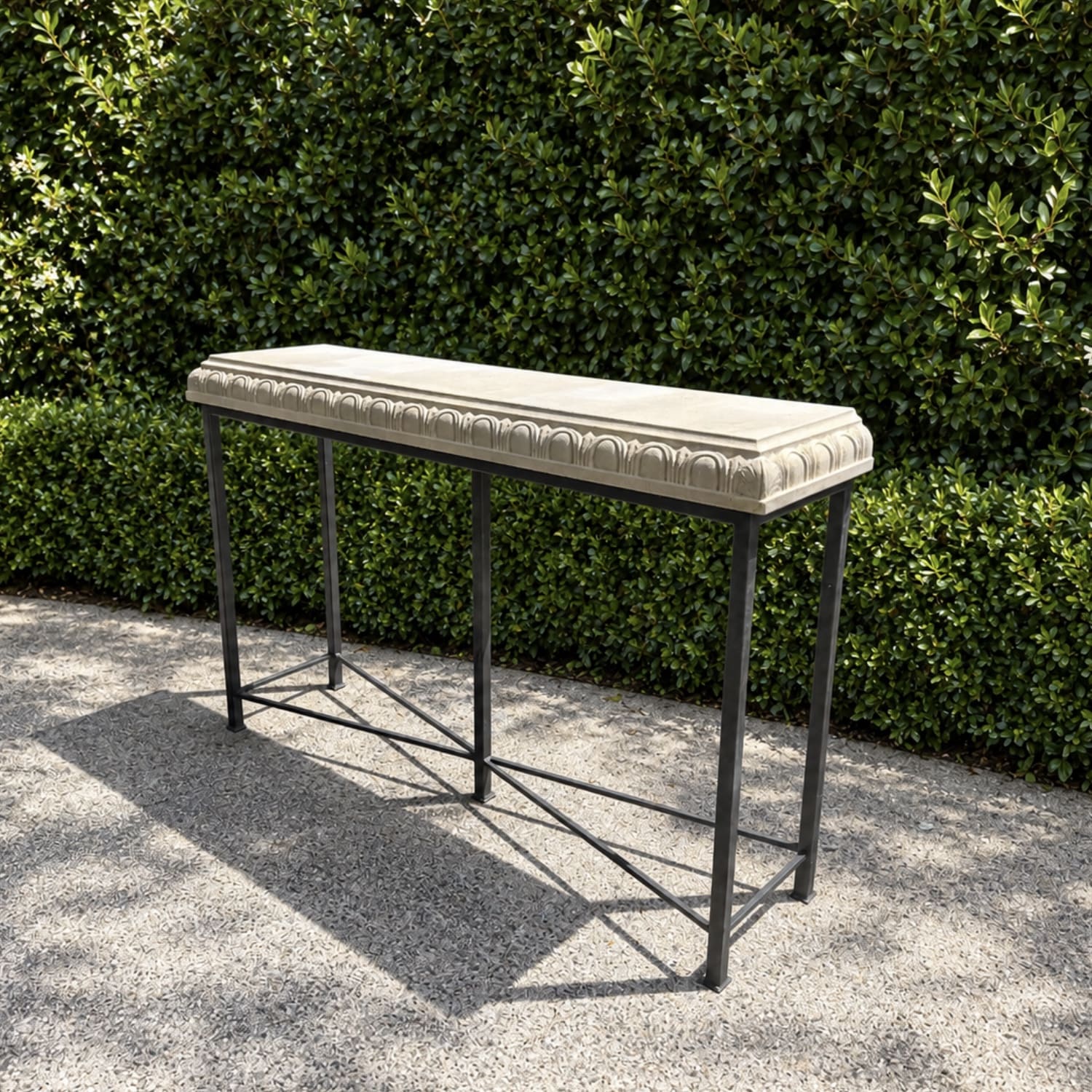 Pair of Consoles on Metal Bases and Carved Limestone Tops Neoclassical Style