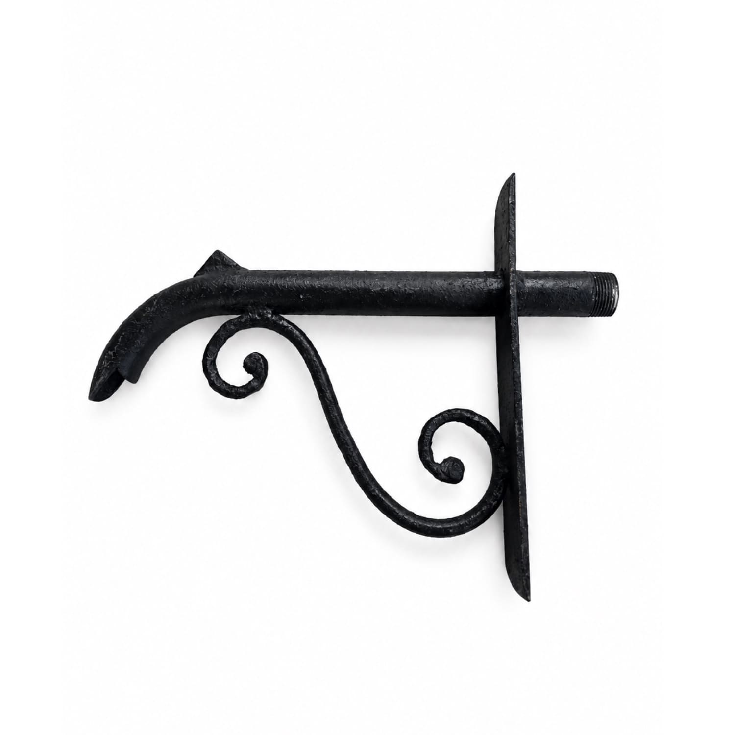 Dark Wrought Iron Wall Water Spout with Threaded Inlet, Backplate & S-Scroll