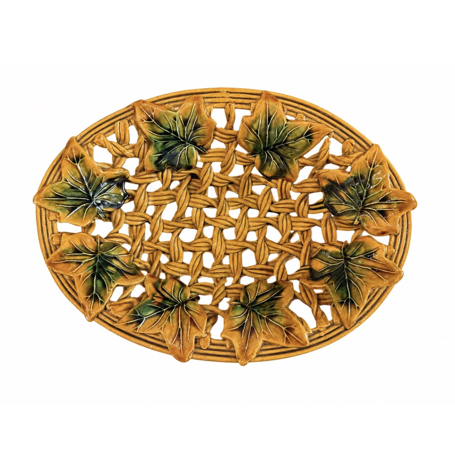 Vintage French Faience Oval Basketweave Plate with Botanical Motifs