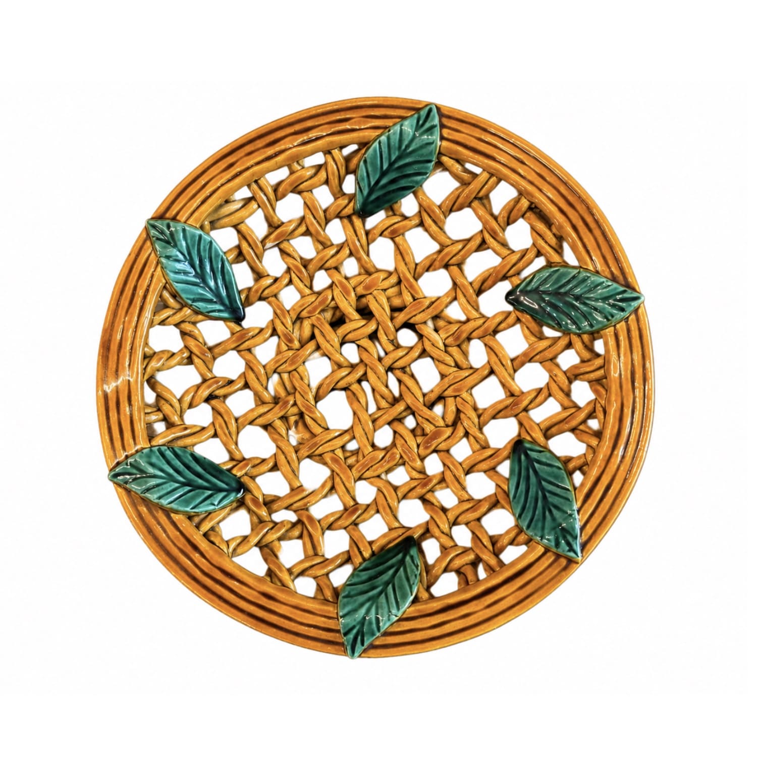 Vintage French Faience Round Basketweave Plate with Botanical Motifs