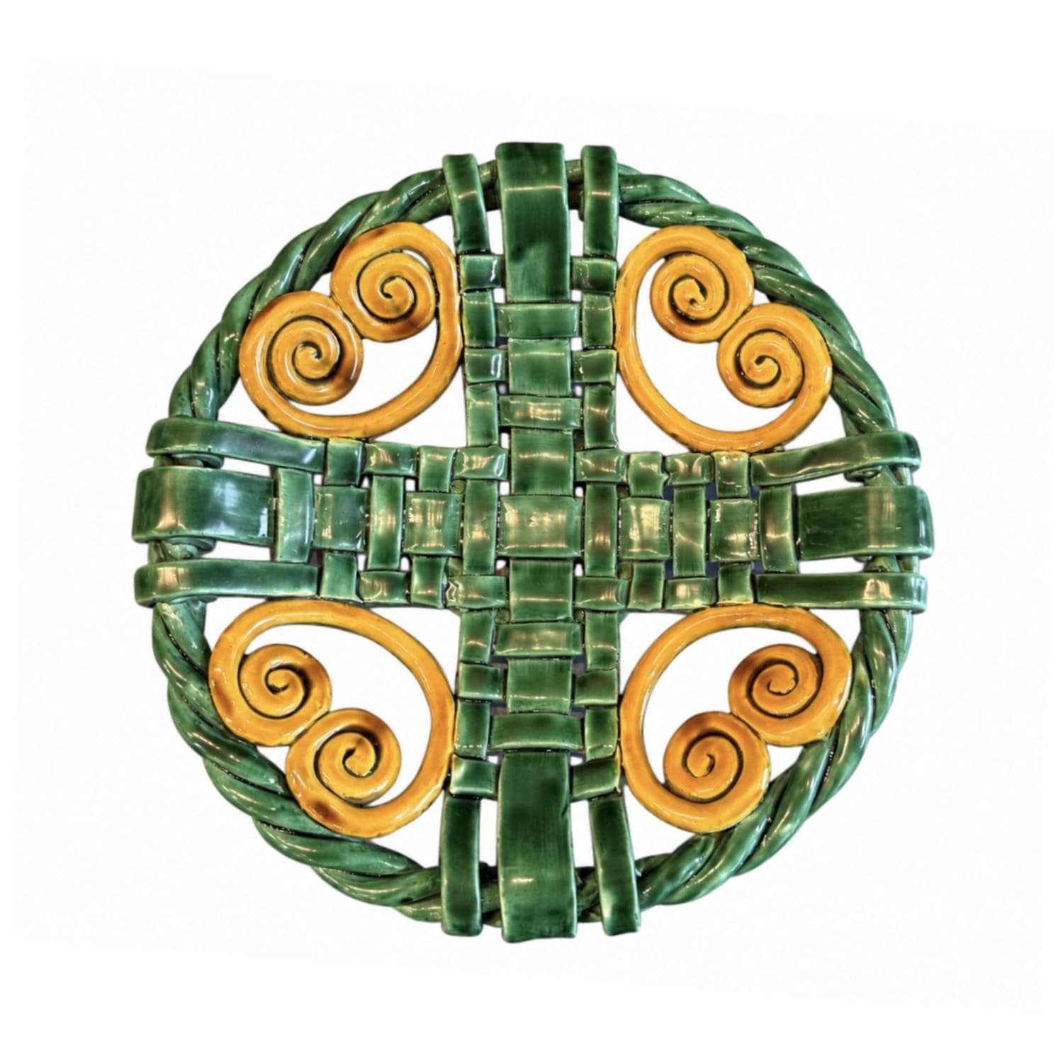 Vintage Provencal Faience Circular Basketweave Plate with Botanical Motifs