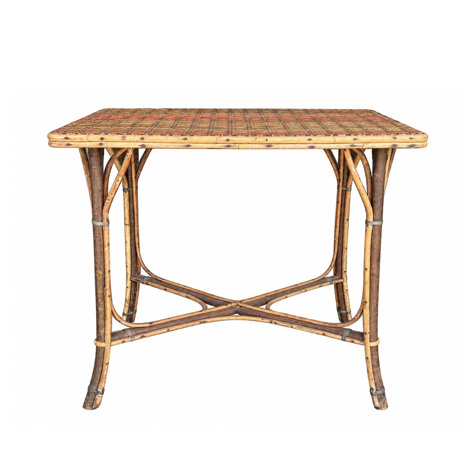 Vintage French Riviera Rattan and Wicker Table with X-Form Base