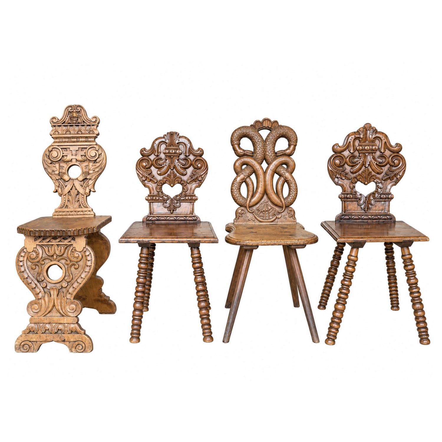 Set of Four 19th Century Antique Austrian Carved Wooden Chairs, Baroque Revival Style