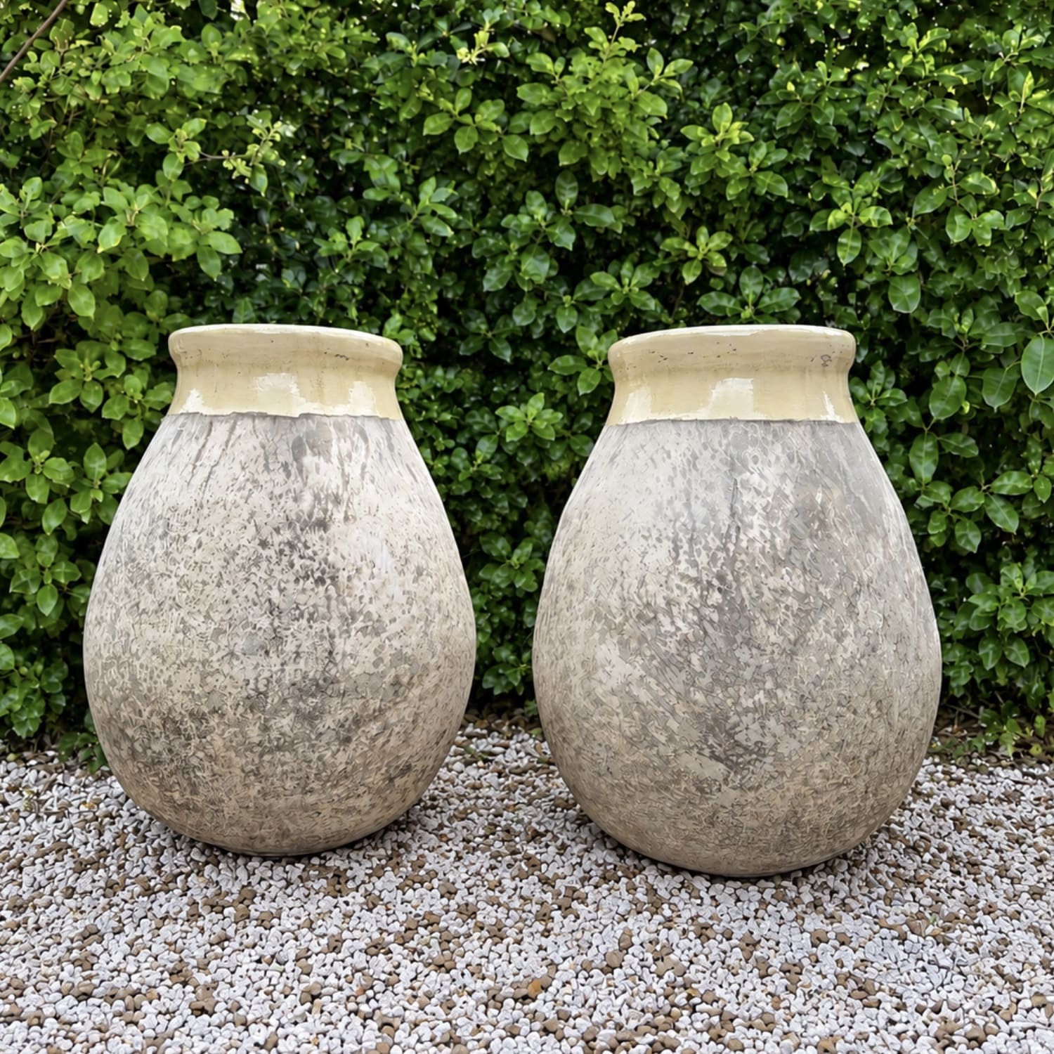 Set of Two French Large Bugadier Terracotta with Ecru neck  Garden Planters with weathered Patina