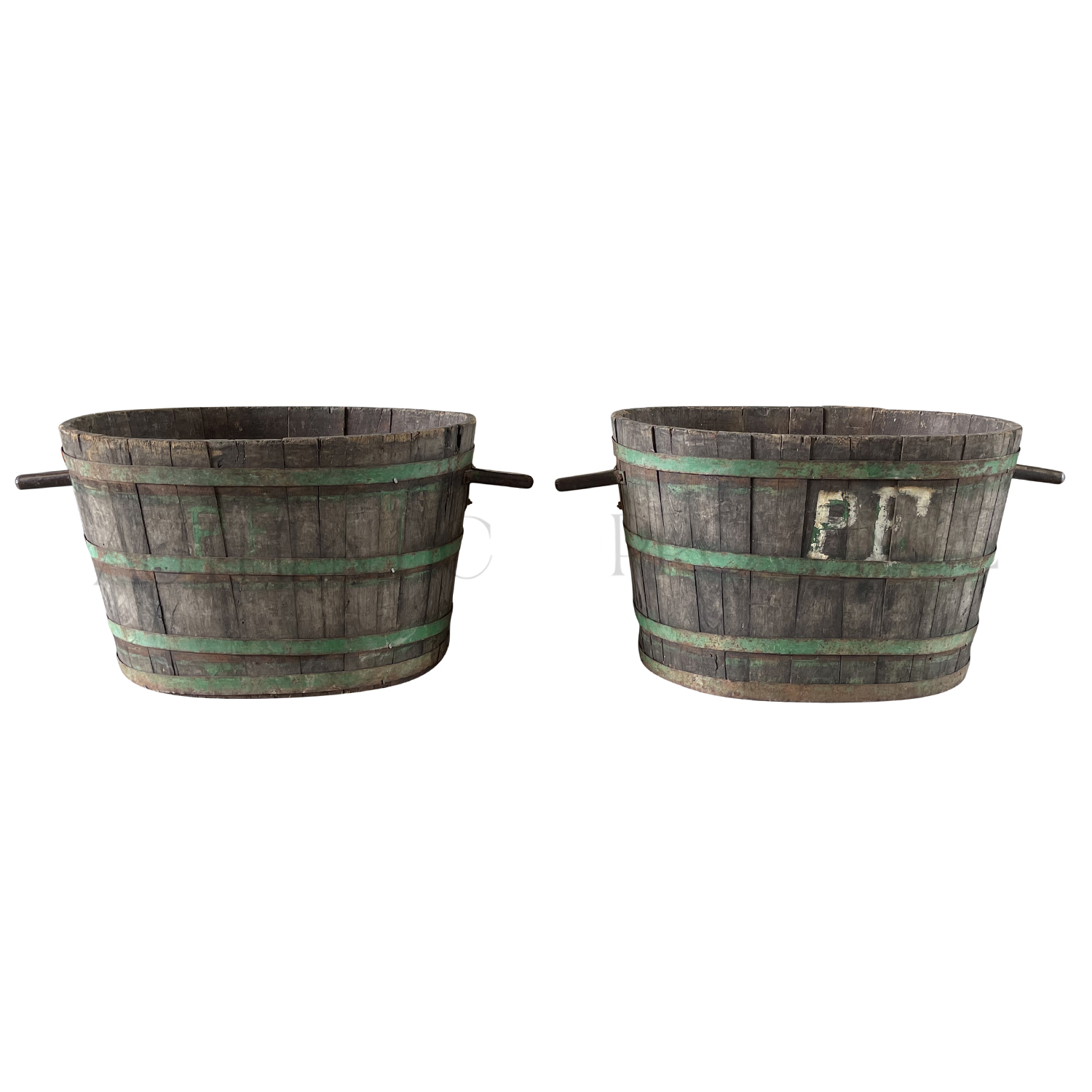 19th Century French Pair of Oakwood Grape Harvest Bucket Vert from Burgundy