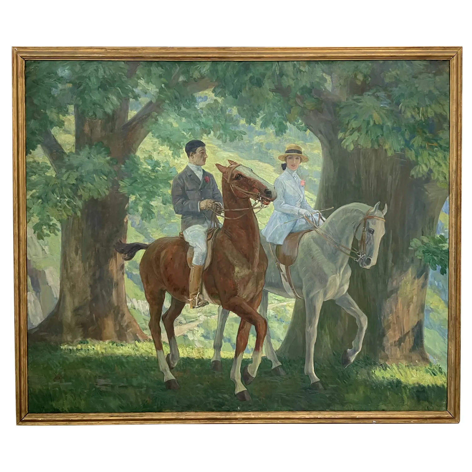 20th Century French Equestrian Couple Oil Painting by Henri-Achille Zo