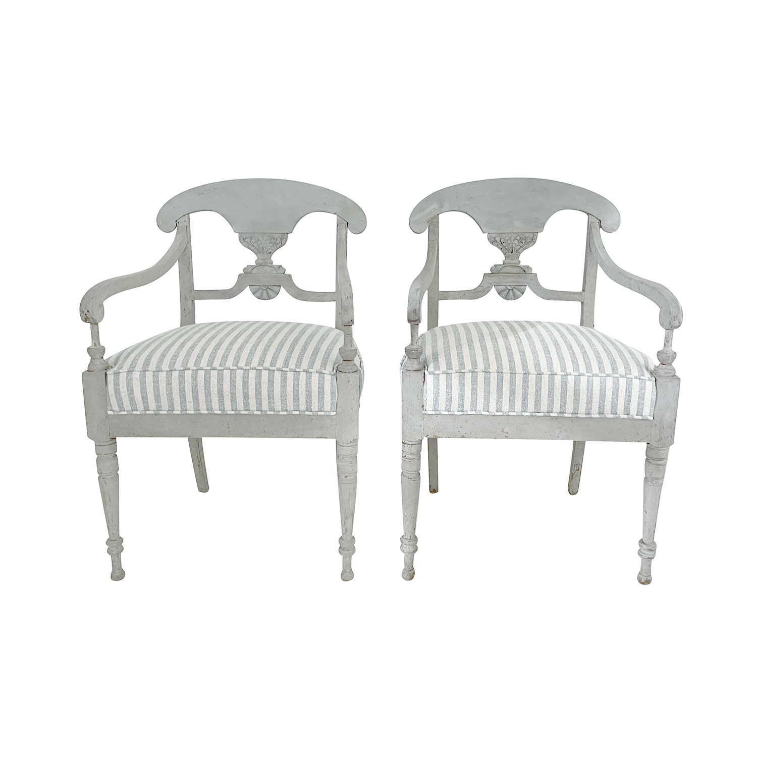 19th Century Grey Pair of Swedish Gustavian Armchairs – Antique Pine Side Chairs